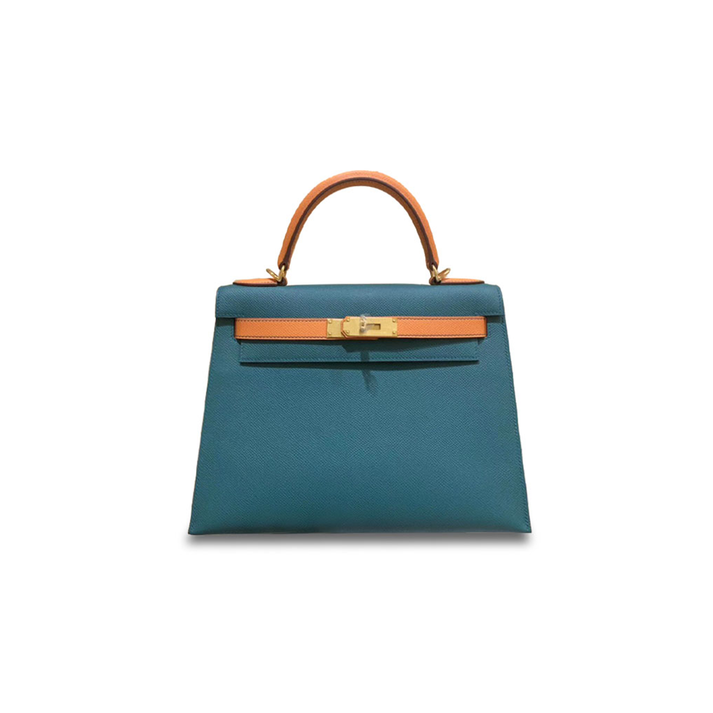 HERMÈS KELLY 28 EPSOM MALACHITE GREEN AND ORANGE GOLD BUCKLE (28*22*10cm) 